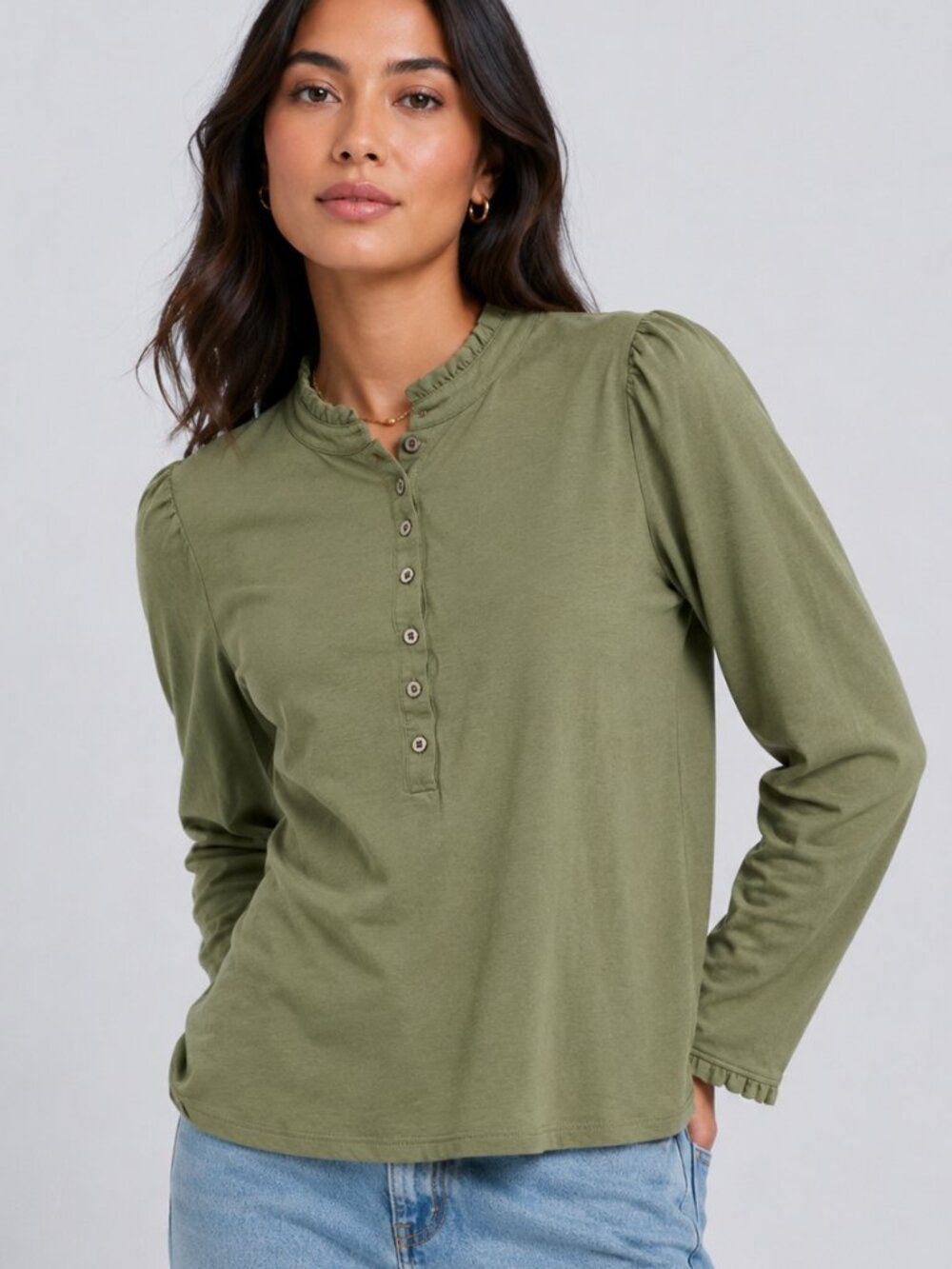 Boden Olive Green Long Sleeve Top with Ruffled Collar, Size 10